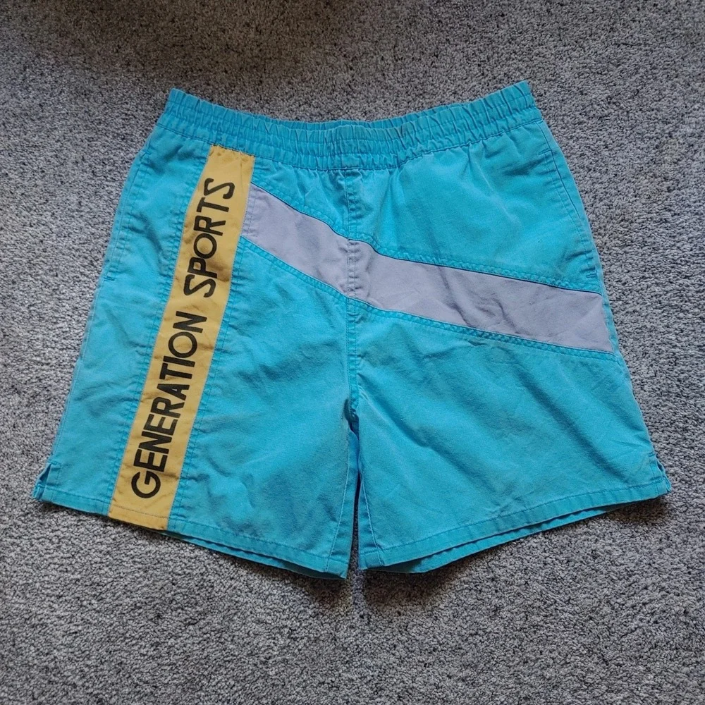 Vintage Generation One Sports Shorts Boys L 14-16 Turquoise Blue Colorblock